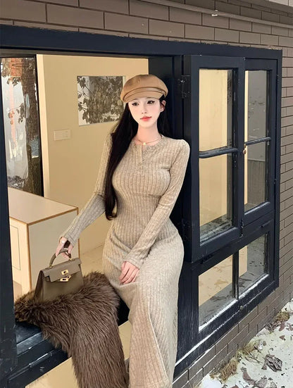 Elegant Slim High Waist Knit Long Sleeve Thick Warm Long Dress