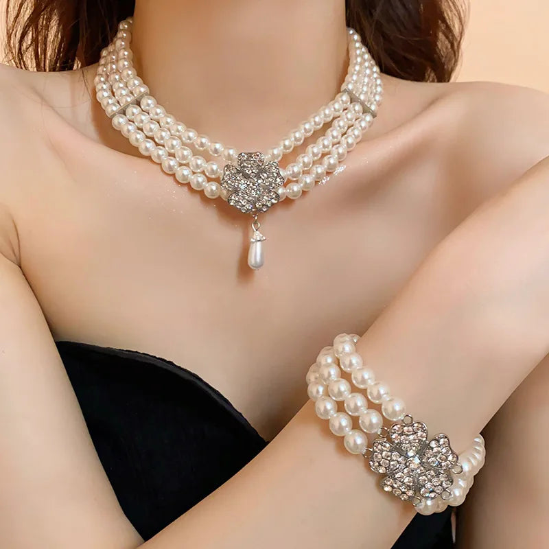 Rhinestone Flower Pearl Necklaces Jewelry Sets