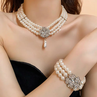 Rhinestone Flower Pearl Necklaces Jewelry Sets