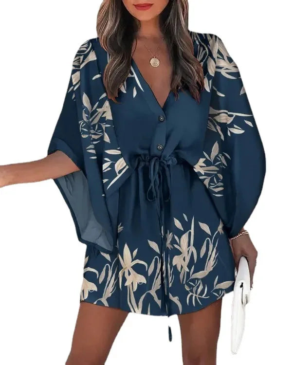 Floral Print Bat Half-Sleeve Dress