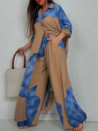 Casual Color Blocked Loose Shirt Top and Pants Two-piece Set
