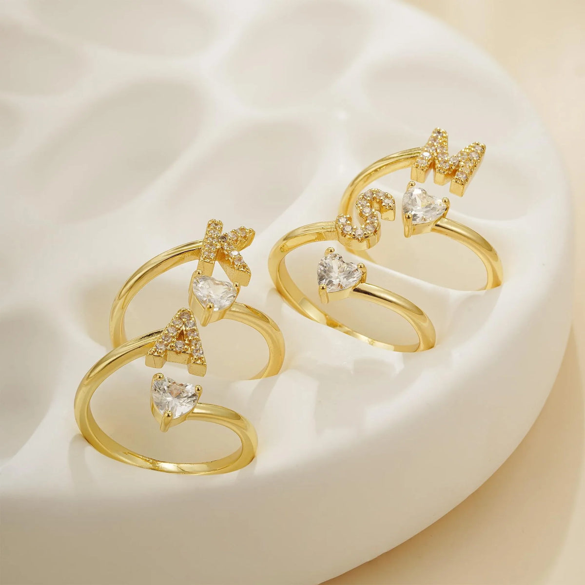 Gold Letter Open Heart Shape Cubic Zirconia  A-Z 26 Letter  Lnitials Rings