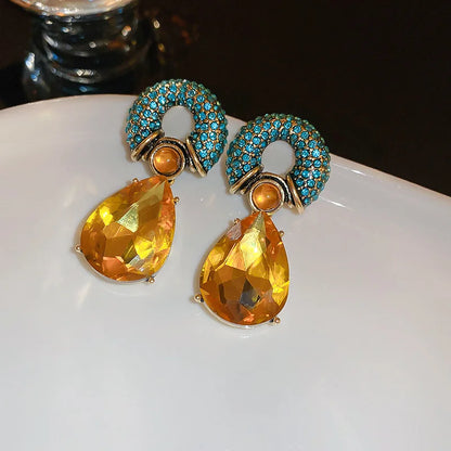 Vintage Blue Water Drop Crystal Clips Earrings