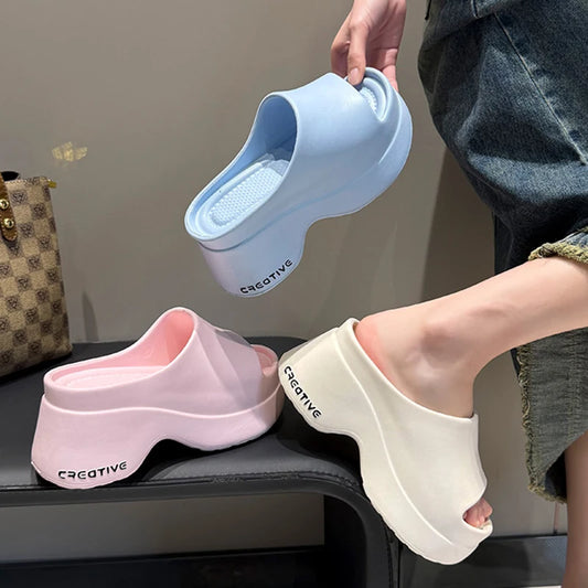 Elegant Pink Platform Wedge Heel Soft Lightweight Thick Bottom Slippers