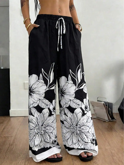 Large-Sized Printed Casual Tie Waist Wide-Leg Pants