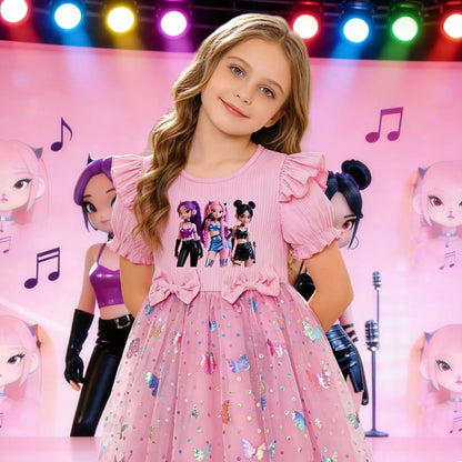 Double bows at the waist puff sleeves and a pink princess dress