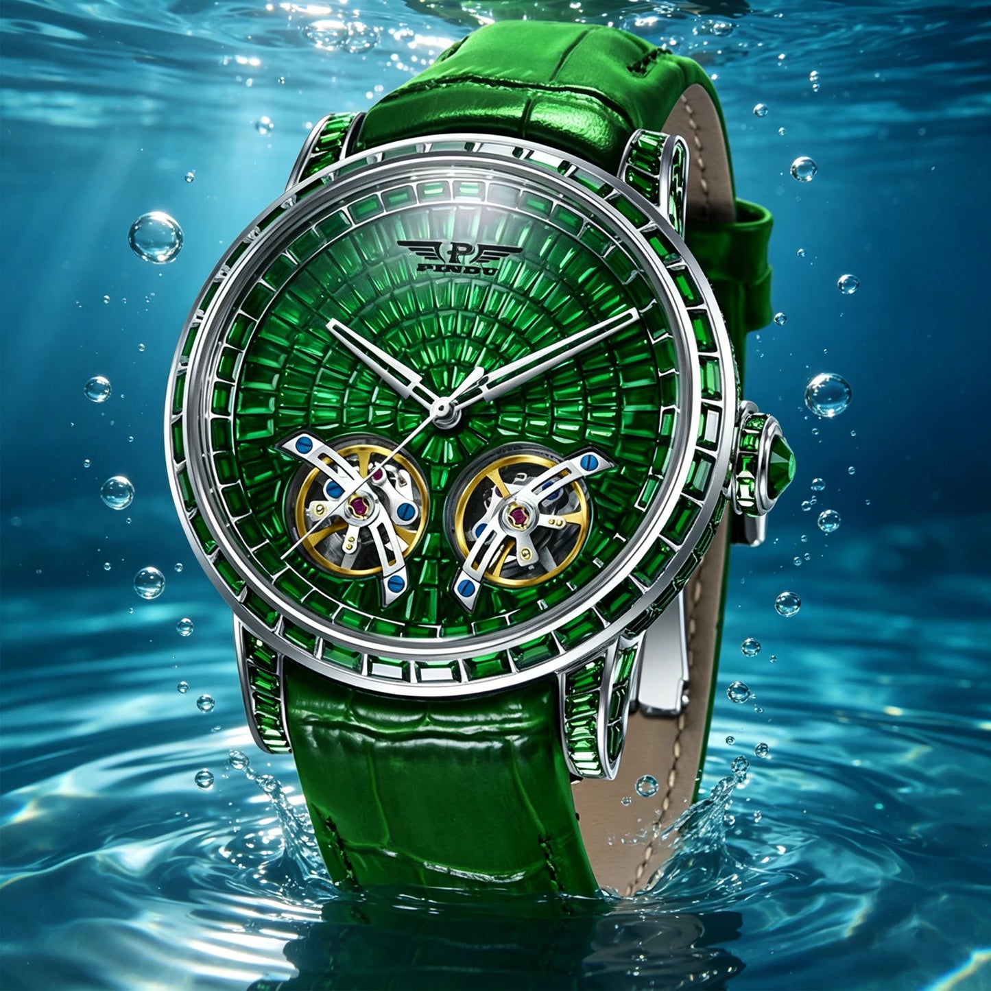 Diamond Mechanical Top Luxury Double Flying Wheel Waterproof Watch Leather