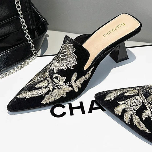 Elegant Velvet Mule Heels Pointed Toe Cone Heel Shoes
