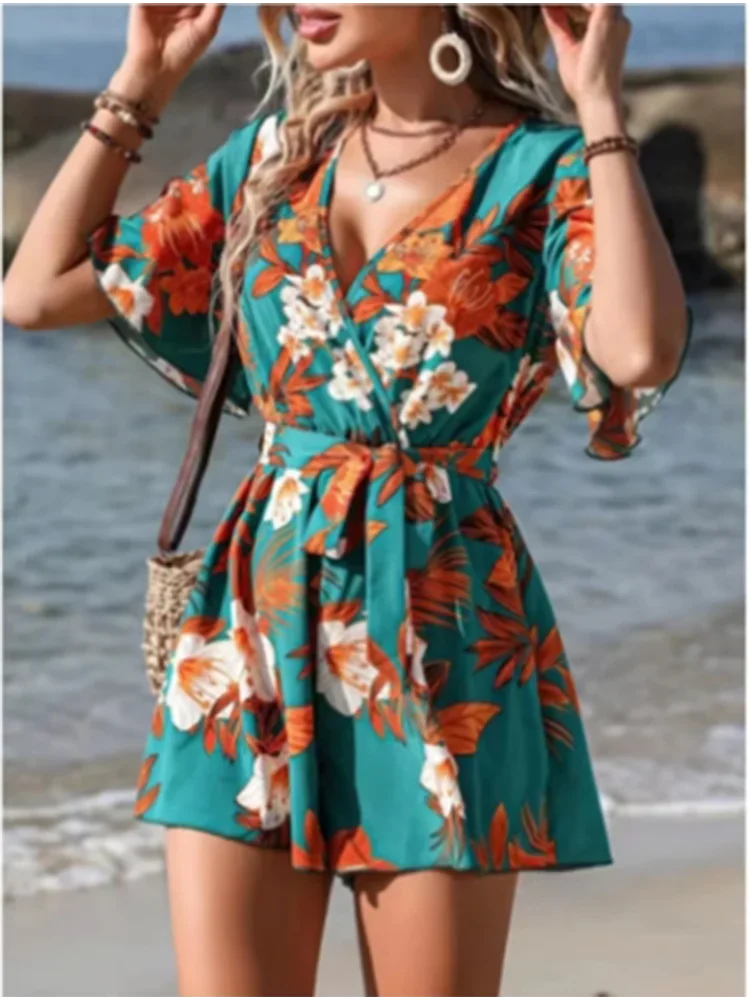 Printed V-neck Short Sleeve Jumpsuit