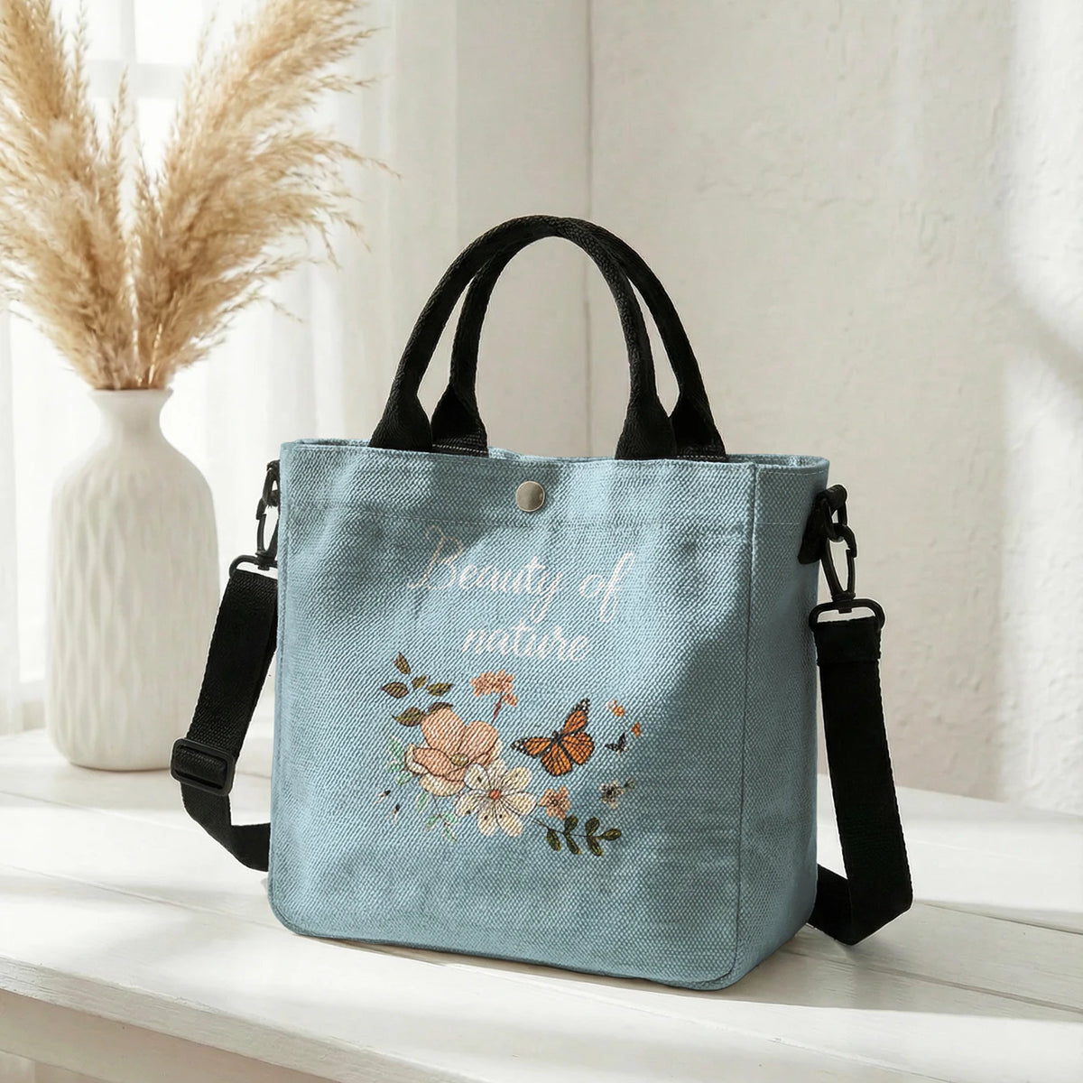 Floral Butterfly Letter Print Brown Canvas Tote Bag