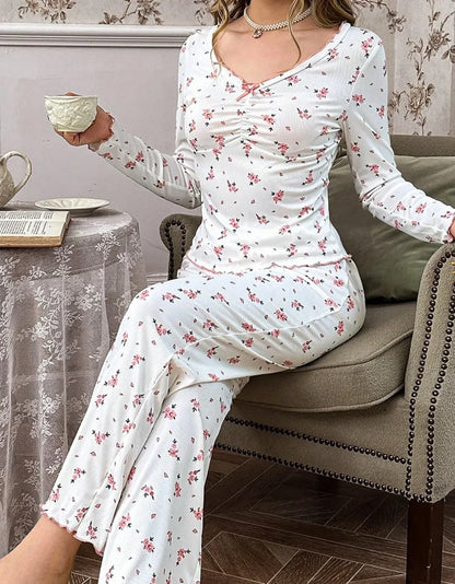 Round Neck Floral Printed Long Sleeve Home Wear Loungewear Set