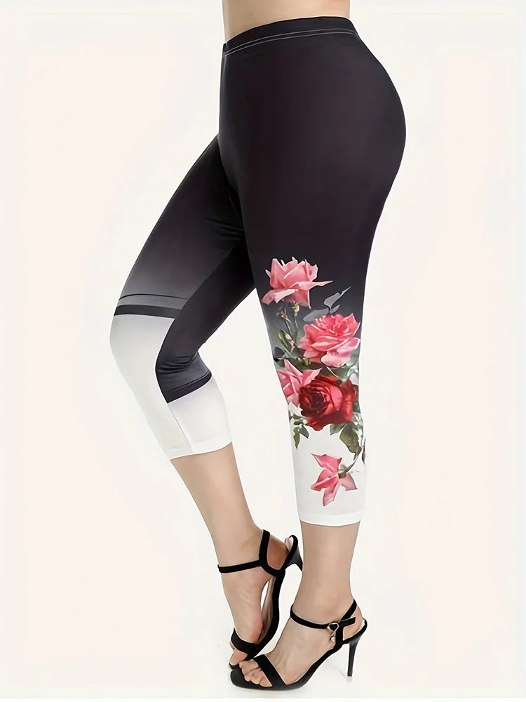 Plus Size Large Casual Rose Flower Print Oversized Slim Fit Set