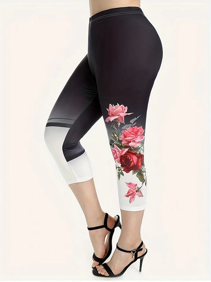 Plus Size Large Casual Rose Flower Print Oversized Slim Fit Set