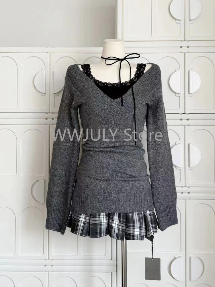 Suéter de cuello en V coqueto, manga larga, estilo pullover