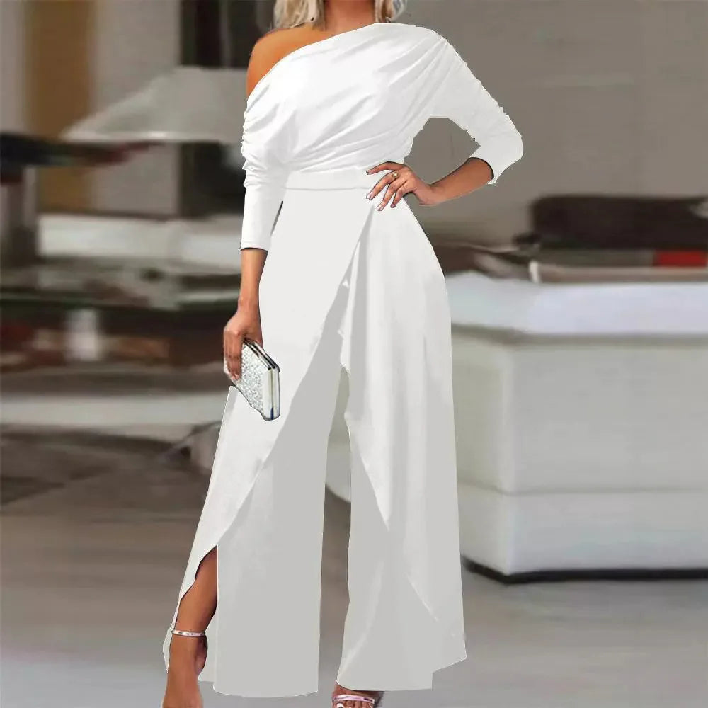 Off Shoulder Long Sleeves High Waist Wide Leg Jumpsuit