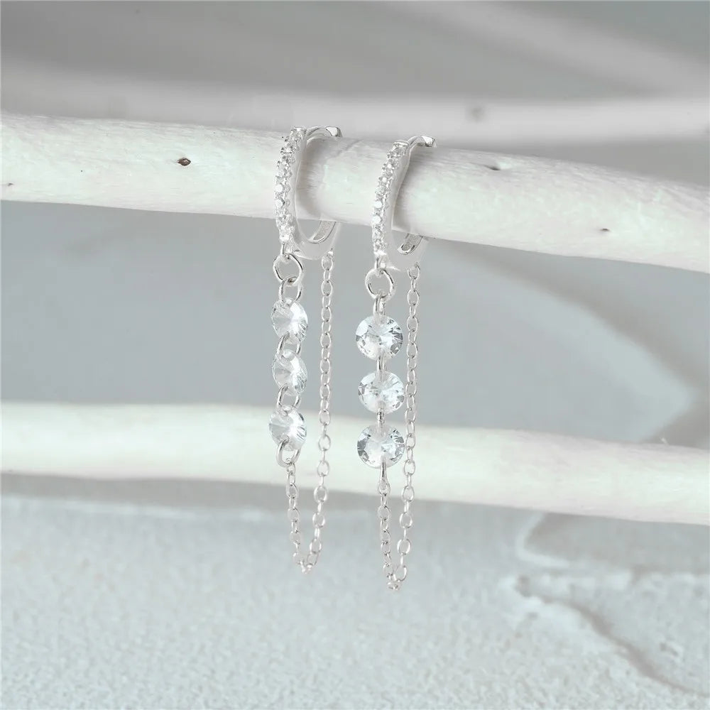 925 Sterling Silver Three Zircon Drop Long Chain Gold Hoop Buckle Piercing Earrings