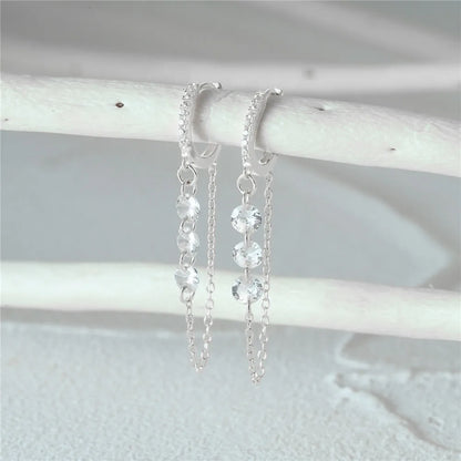 925 Sterling Silver Three Zircon Drop Long Chain Gold Hoop Buckle Piercing Earrings