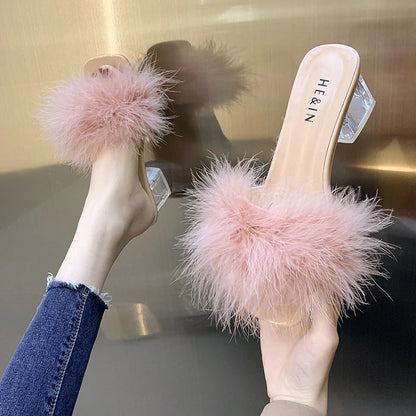 Fox Fur Chunky Flip Flops Sexy Home Slipper