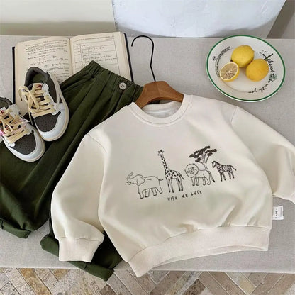 Spring/Autumn Cartoon Animals Print Long Sleeve Round Neck Hoodie