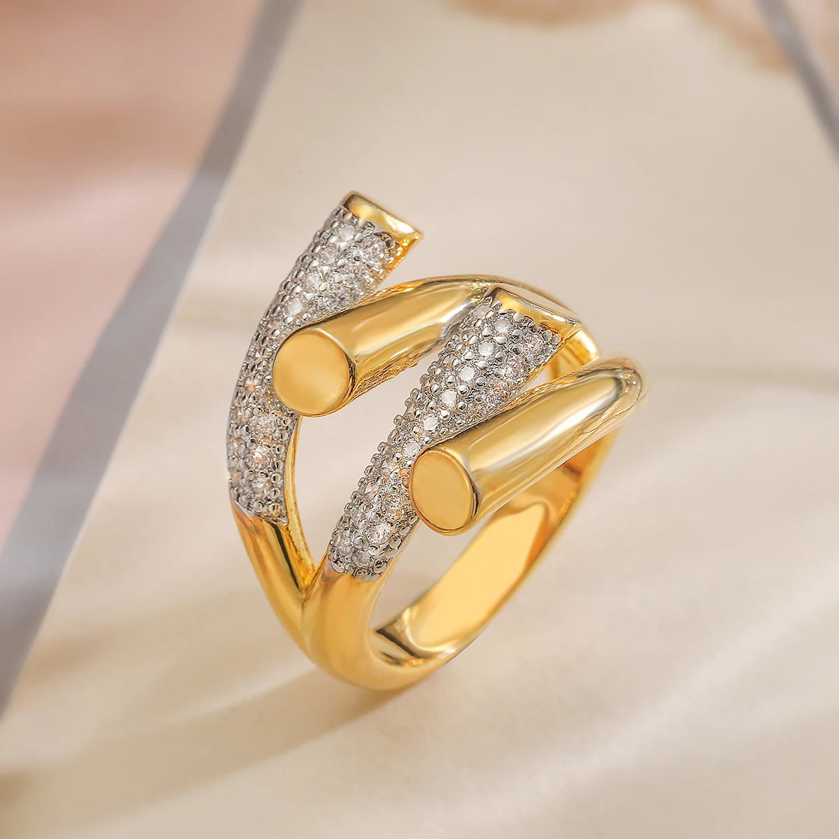 Gold/Silver Geometric Shiny AAA CZ Inlay Copper Rings