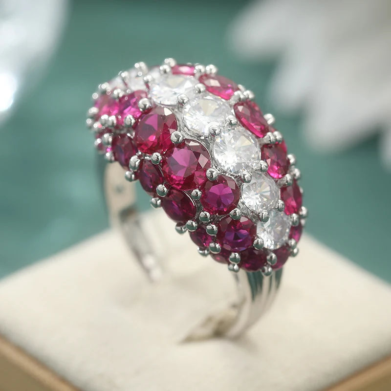Luxury Inlaid White Red CZ Sparkling Silver Geometry Rings