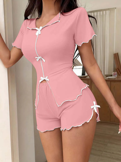 Bow Short Sleeve Top And Shorts Pajamas Set