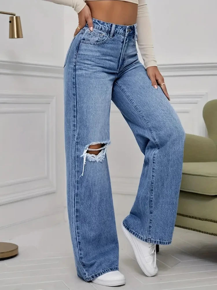 Wide Leg Vintage Distressed Ripped Floor Length Jeans Pants