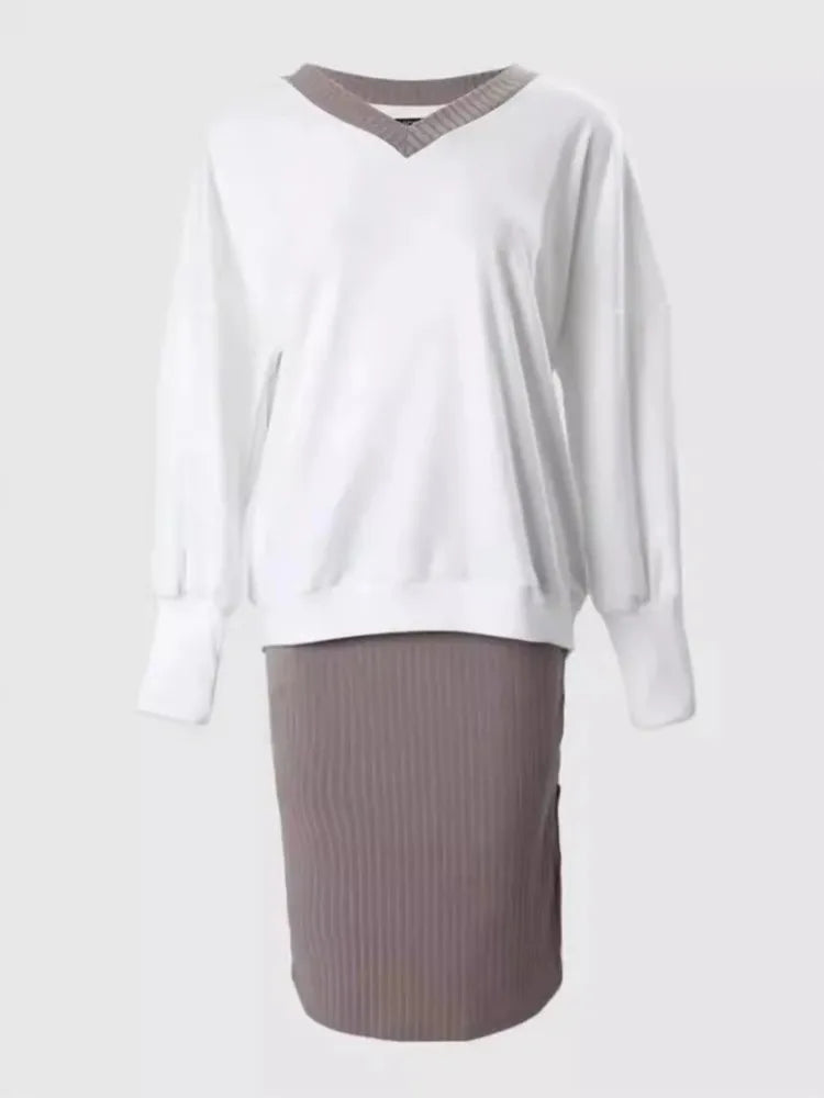 Conjunto informal de falda ajustada de manga larga con escote en V y corte holgado