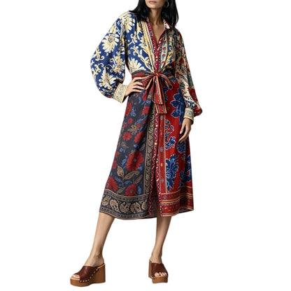 Floral Print Collar V‑Neck Long Sleeve Midi Dress