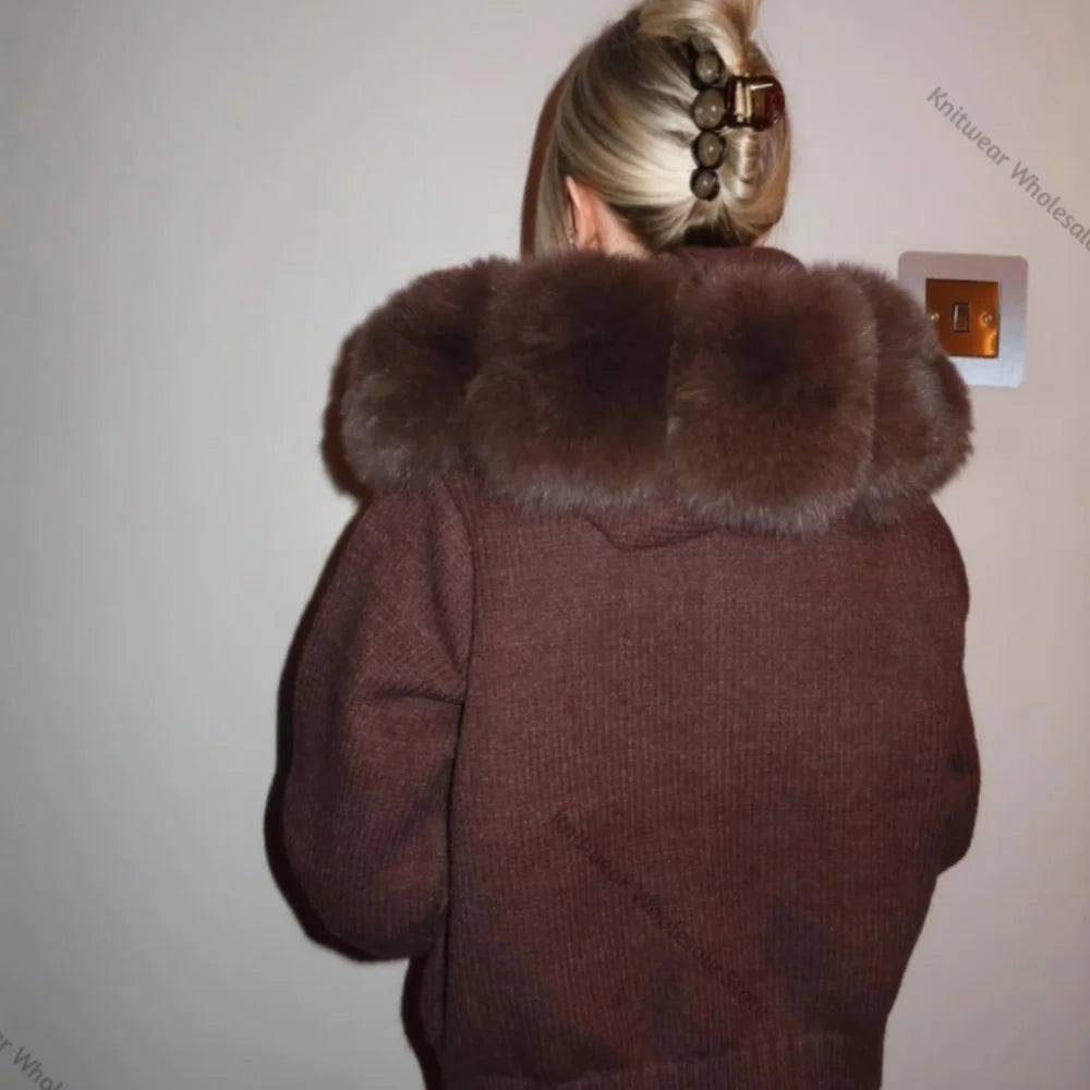Autumn Winter Casual Hooded Real Fox Fur Collar Short Knitted Jacket