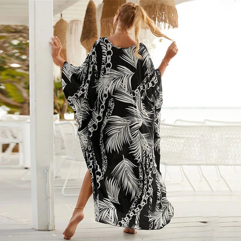 Plus Size Animal Print V-Neck Batwing Kaftan Beach Dress
