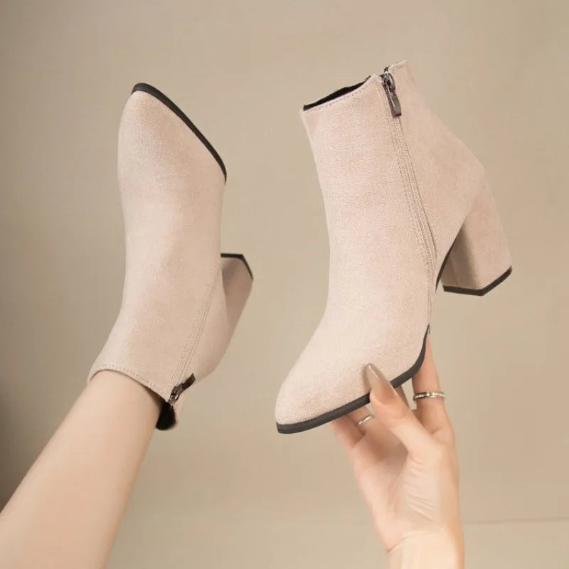 DANA Square Heel Suede High Heels Boots