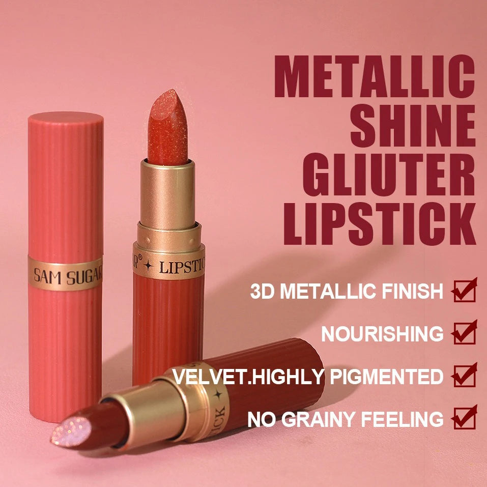 Pearlescent Pink Glitter Metallic Waterproof  Diamond Lipstick