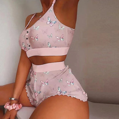 Swimsuit Strawberry Print Lace Sling Pajamas Set