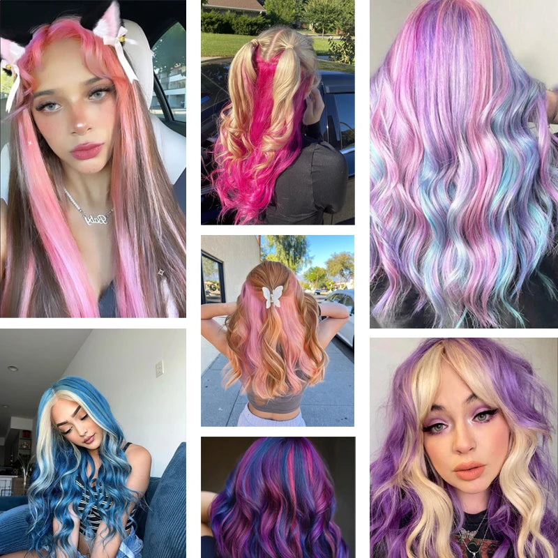 10Pcs Pink Clip in Hair Extensions Party Highlights Wig Synthetic Colored Straight Hairpiece