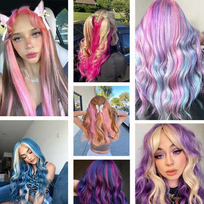 10Pcs Pink Clip in Hair Extensions Party Highlights Wig Synthetic Colored Straight Hairpiece