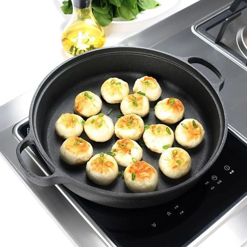 Cookware Non-Stick Cast Iron Skillet Flat Bottomed Double Handle Frying Pan