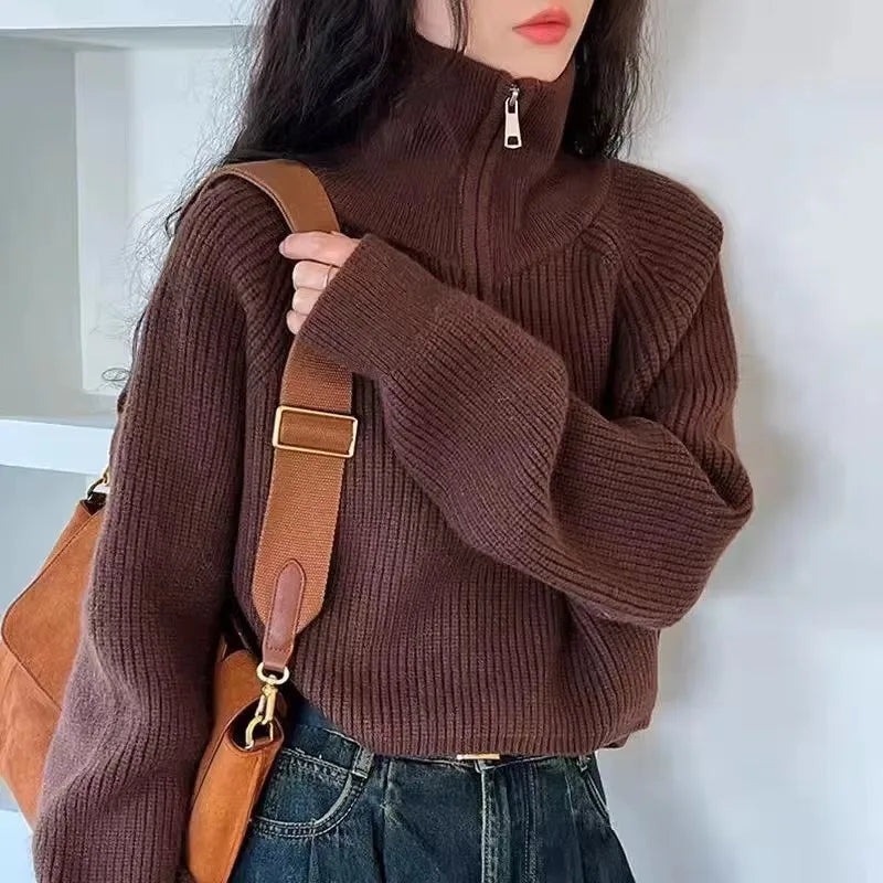 Half Zipper Collar Soft Knitted Long Sleeve Short Jumper Korean Sweater Pullovers