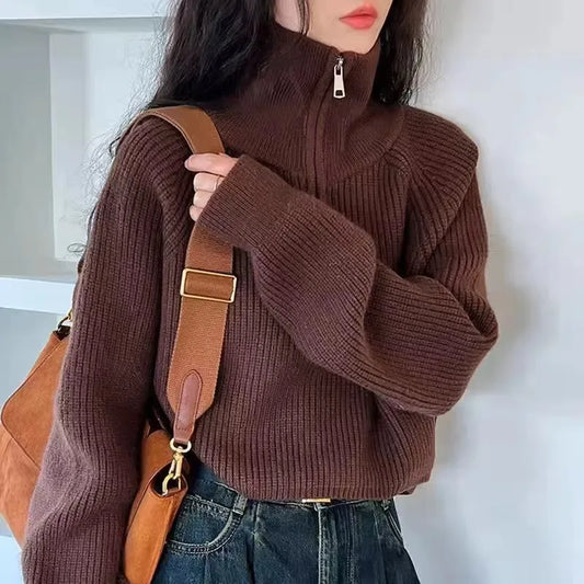 Half Zipper Collar Soft Knitted Long Sleeve Short Jumper Korean Sweater Pullovers
