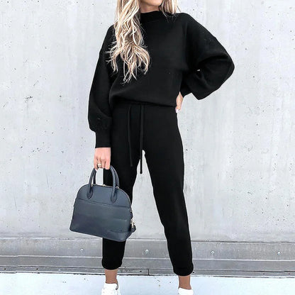 Autumn and Winter Sweater High Collar Casual Pure Color Trousers Set
