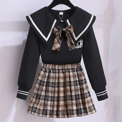 Bow Long Sleeve Top & Plaid Pleated Skirt Set