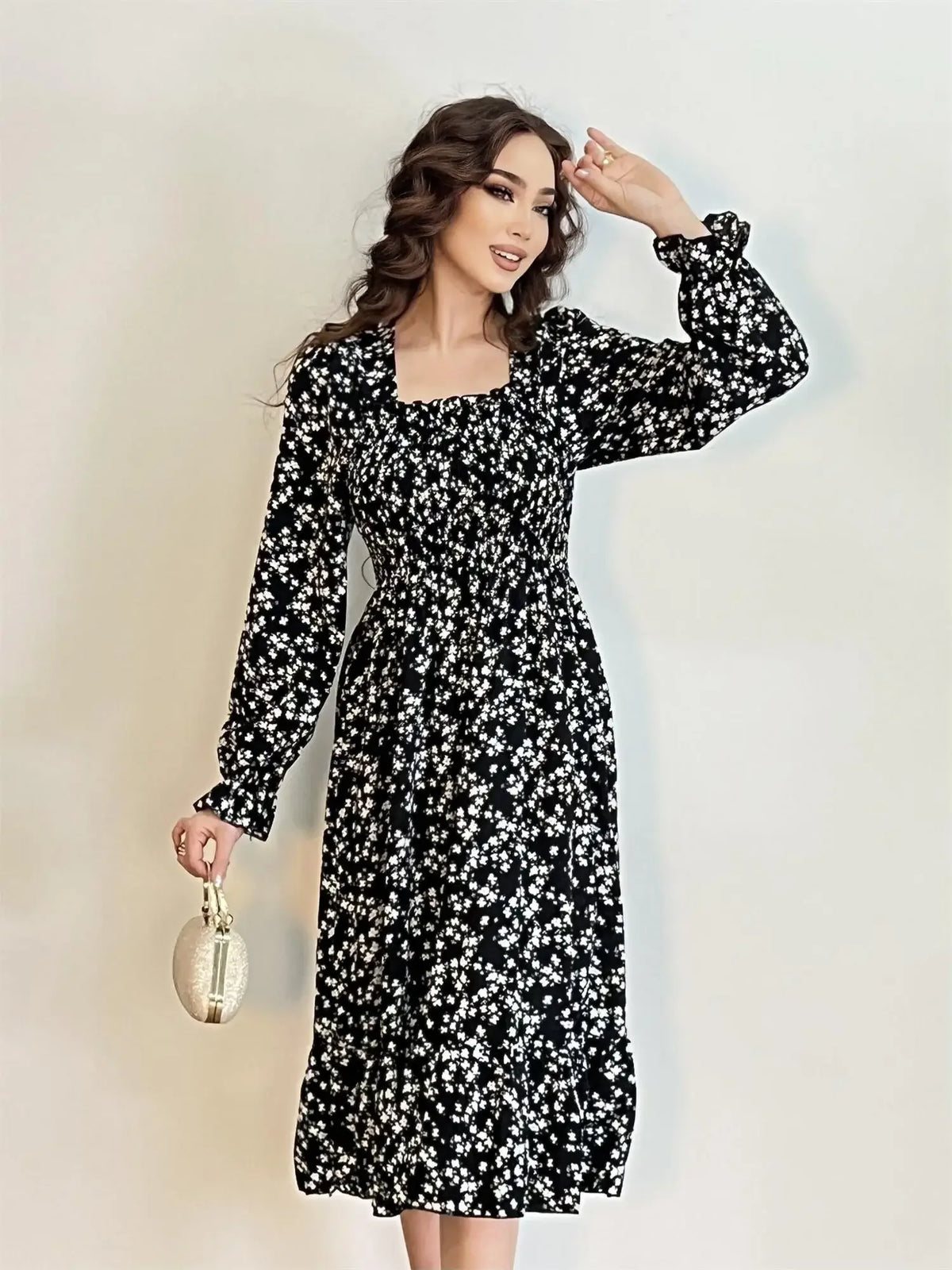 Long Sleeve Casual Chiffon Floral Elastic Chest Lace Up Midi Dress