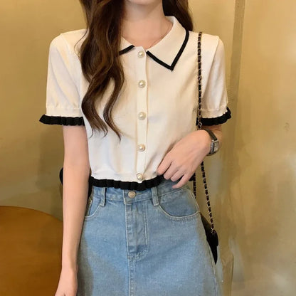 Korean Knitted Turn Down Collar Blouse