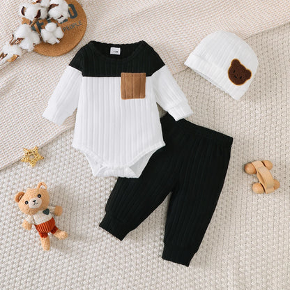 0-18 Month Newborn  Round neck Blocked Bodysuit+Pants+Hat  3Pcs/set