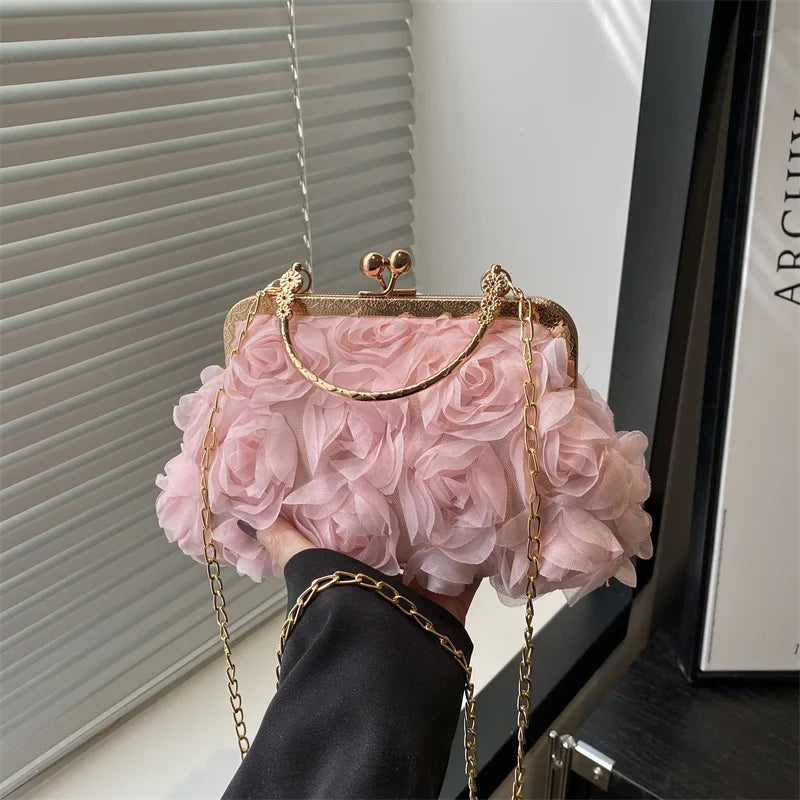 Luxury Chain Shoulder Chiffon 3D Flower Banquet Bag
