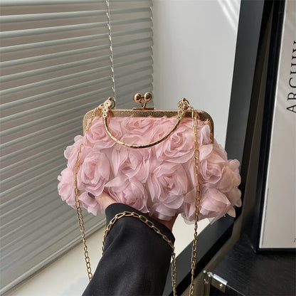 Luxury Chain Shoulder Chiffon 3D Flower Banquet Bag