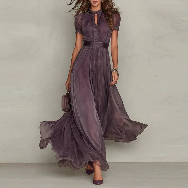 Elegant Chiffon Lace Trim Midi Stand Collar Neck Puff Sleeve Cinched Casual Dresses