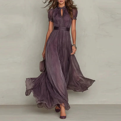 Elegant Chiffon Lace Trim Midi Stand Collar Neck Puff Sleeve Cinched Casual Dresses