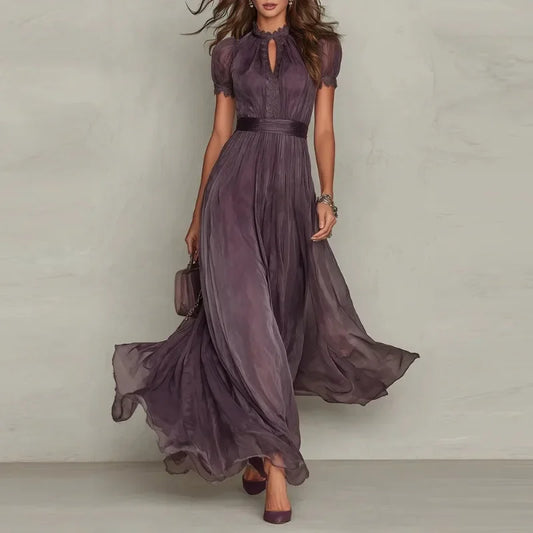 Elegant Chiffon Lace Trim Midi Stand Collar Neck Puff Sleeve Cinched Casual Dresses
