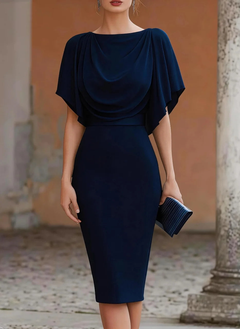 Short Sleeve Midi Dress Cowl Neck Draped Cape Bodycon Dress